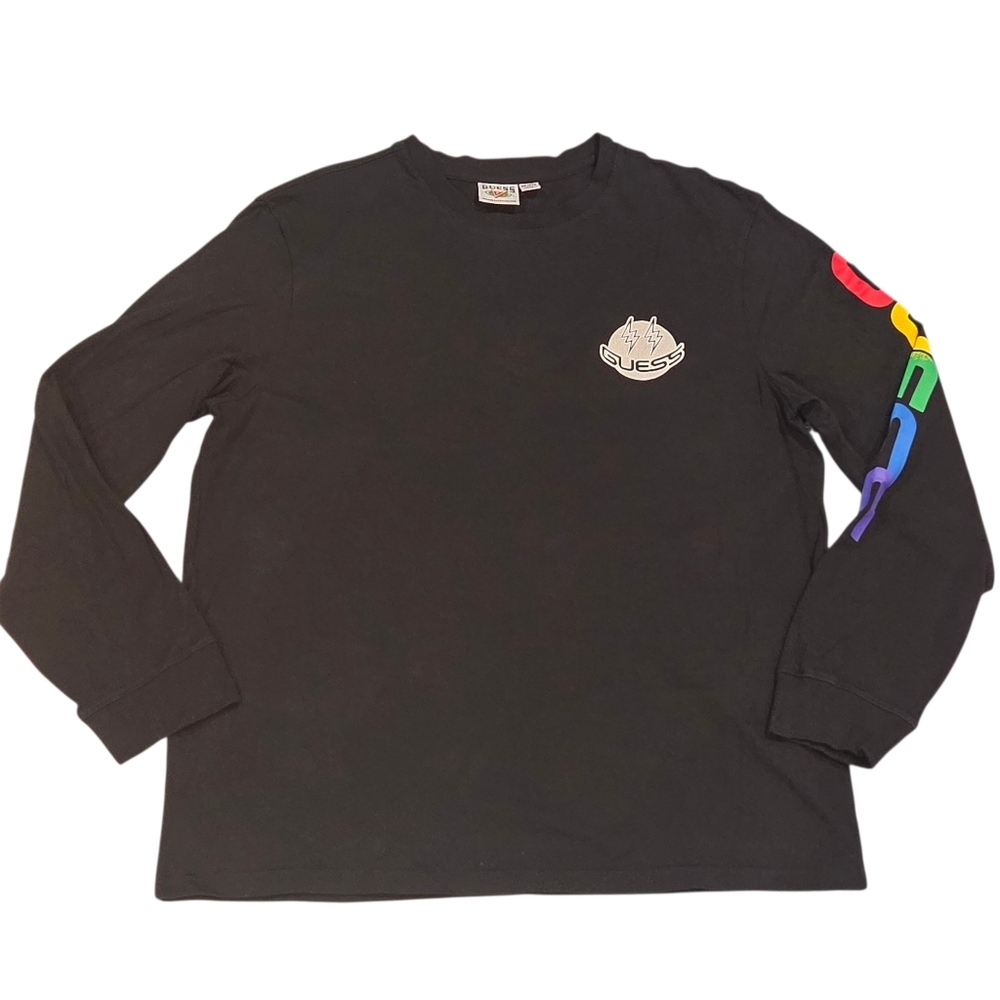 Guess x J. Balvin Collab Men's Long Sleeve Tee with Colorful Logo Sleeve Blk 2XL